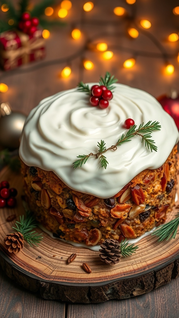 A traditional Christmas cake with icing and festive decorations on a wooden table.